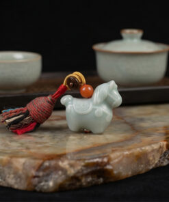Alternative view of Handmade Longquan Celadon Horse Keychain, Chinese Knot Red Tassel Key Ring, Good Luck Prosperity Bag Charm with Agate Bead