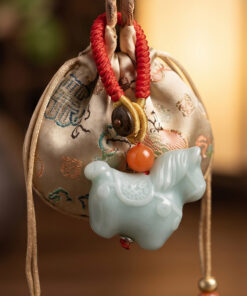 Handmade Longquan Celadon Horse Keychain, Chinese Knot Red Tassel Key Ring, Good Luck Prosperity Bag Charm with Agate Bead