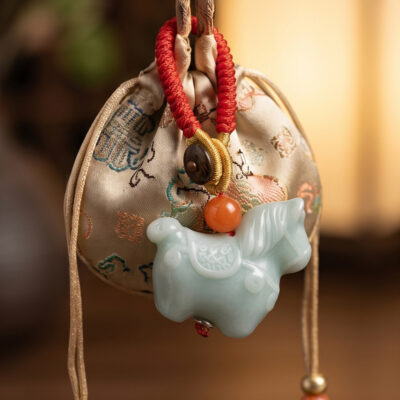 Handmade Longquan Celadon Horse Keychain, Chinese Knot Red Tassel Key Ring, Good Luck Prosperity Bag Charm with Agate Bead