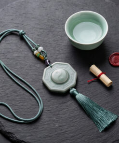 Alternative view of Handmade Longquan Celadon Yin Yang Bagua Car Charm, Taoist Rear View Mirror Hanging Ornament, Protection Balance Car Accessory with Green Tassel