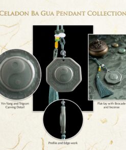 Handmade Longquan Celadon Yin Yang Bagua Car Charm, Taoist Rear View Mirror Hanging Ornament, Protection Balance Car Accessory with Green Tassel