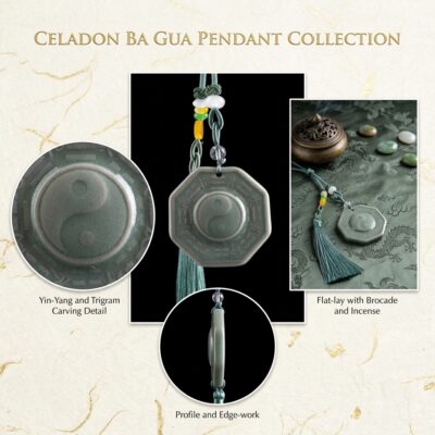 Handmade Longquan Celadon Yin Yang Bagua Car Charm, Taoist Rear View Mirror Hanging Ornament, Protection Balance Car Accessory with Green Tassel