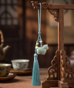 Handmade Longquan Celadon Horse Car Charm, Zen Rear View Mirror Hanging Ornament, Good Luck Safe Travels Car Accessory with Blue Tassel