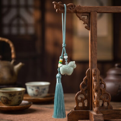 Handmade Longquan Celadon Horse Car Charm, Zen Rear View Mirror Hanging Ornament, Good Luck Safe Travels Car Accessory with Blue Tassel