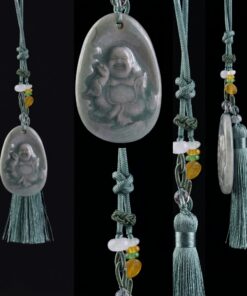 Handmade Longquan Celadon Laughing Buddha Car Charm, Zen Rear View Mirror Hanging Ornament, Good Luck Protection Car Accessory with Green Tassel