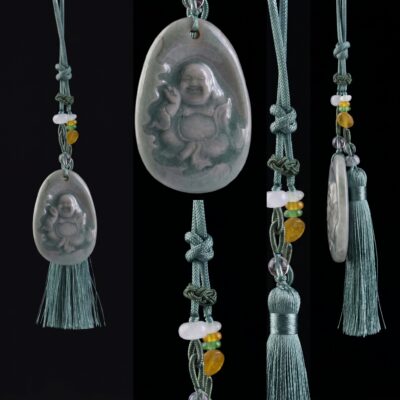 Handmade Longquan Celadon Laughing Buddha Car Charm, Zen Rear View Mirror Hanging Ornament, Good Luck Protection Car Accessory with Green Tassel