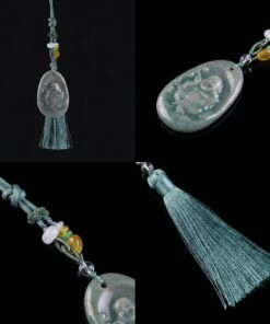 Alternative view of Handmade Longquan Celadon Laughing Buddha Car Charm, Zen Rear View Mirror Hanging Ornament, Good Luck Protection Car Accessory with Green Tassel